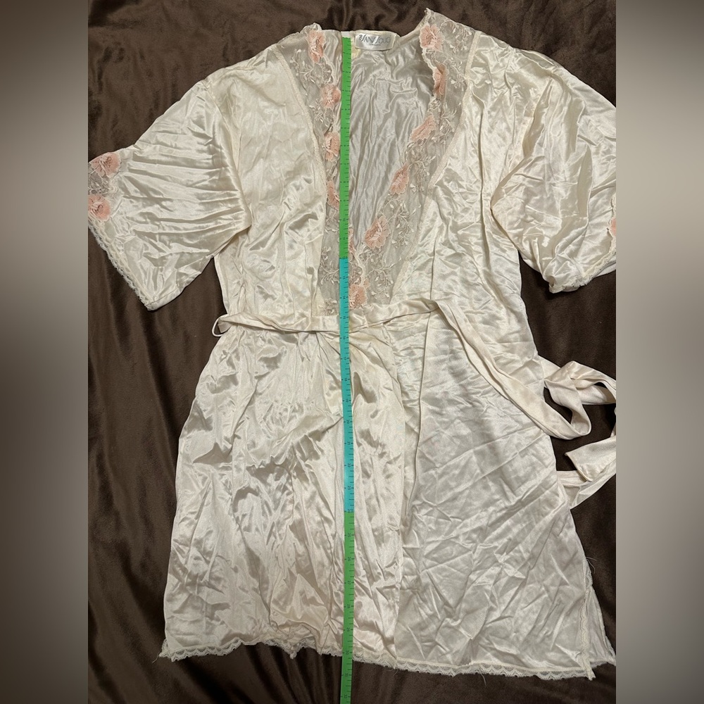 Rare VTG 70s Sans Souci Ivory Satin Lace Chemise & Robe Set 34/M Bridal - Picture 13 of 16